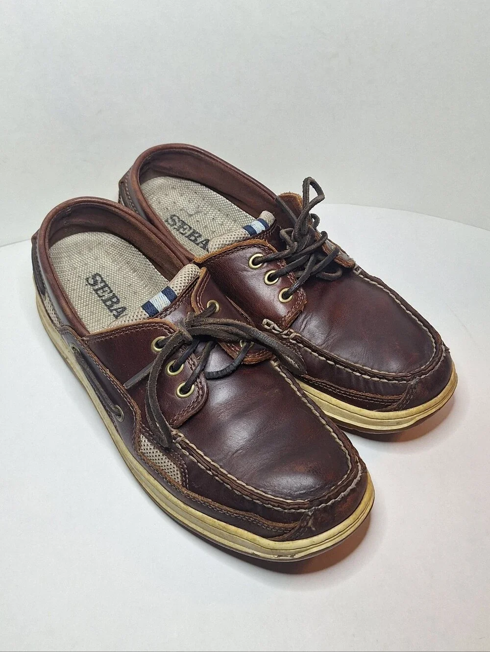 Sebago Clovehitch Waxed Brown Leather Mesh Boat Shoes Mens US 10 M Marine Grip